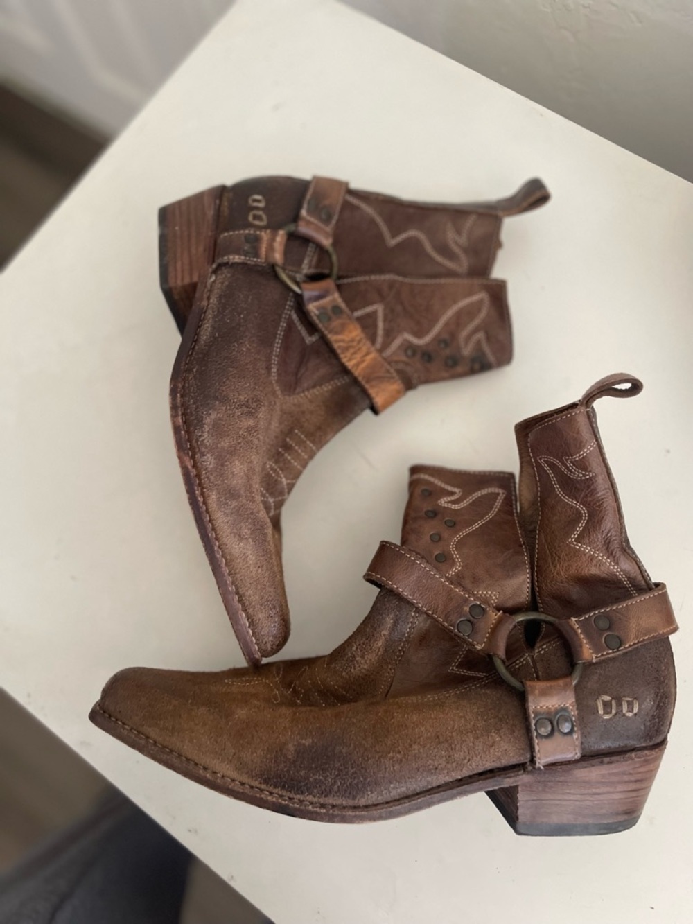 Bed Stu Brown Distressed Leather Harness Ankle Boots - Picture 5 of 9